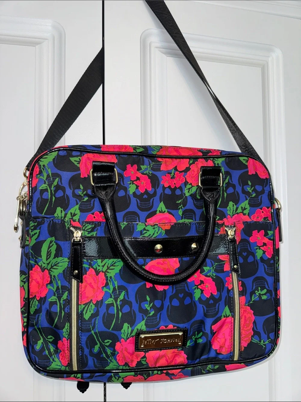 Betsey Johnson Blue Floral Skull Laptop Bag with Pink and Green Accents